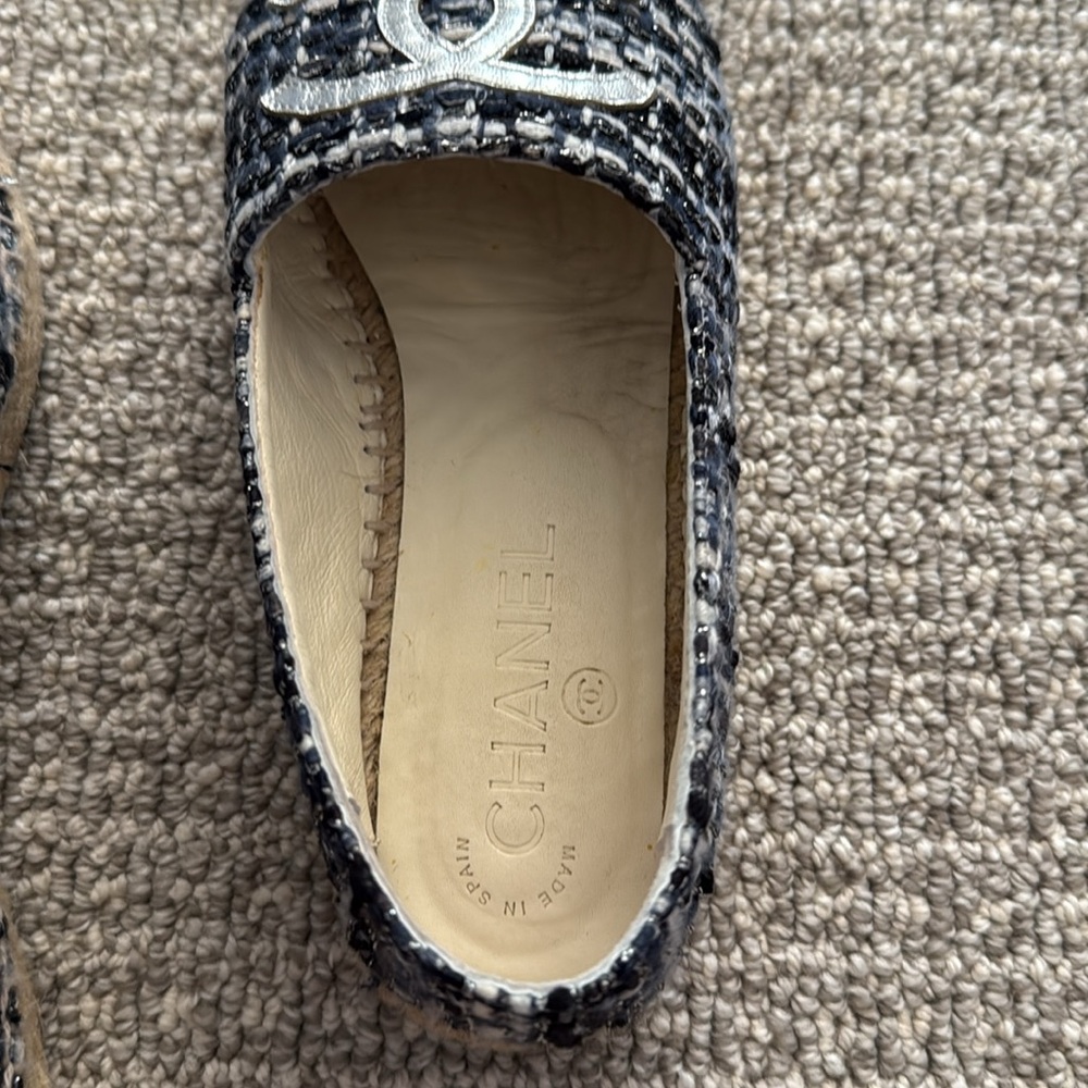 Chanel Espadrilles Tweed Blue Black Sliver Shoes 36 - Picture 6 of 12